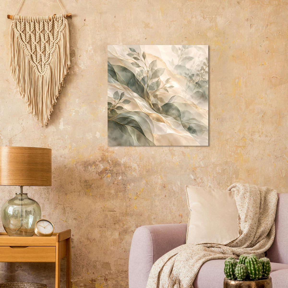 Gerahmtes botanisches Kunstposter mit Blättern in Salbei- und Goldtönen auf hellem Cremegrund