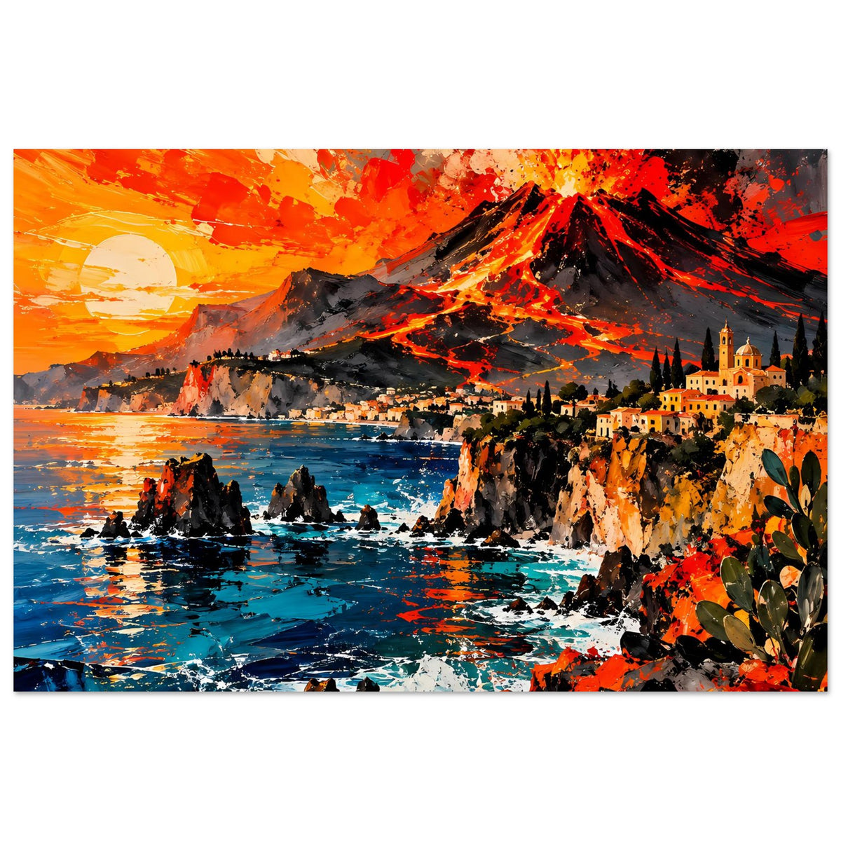 Querformat-Poster: Vulkaneruption über Meer, Felseninseln und Stadt an der Küste