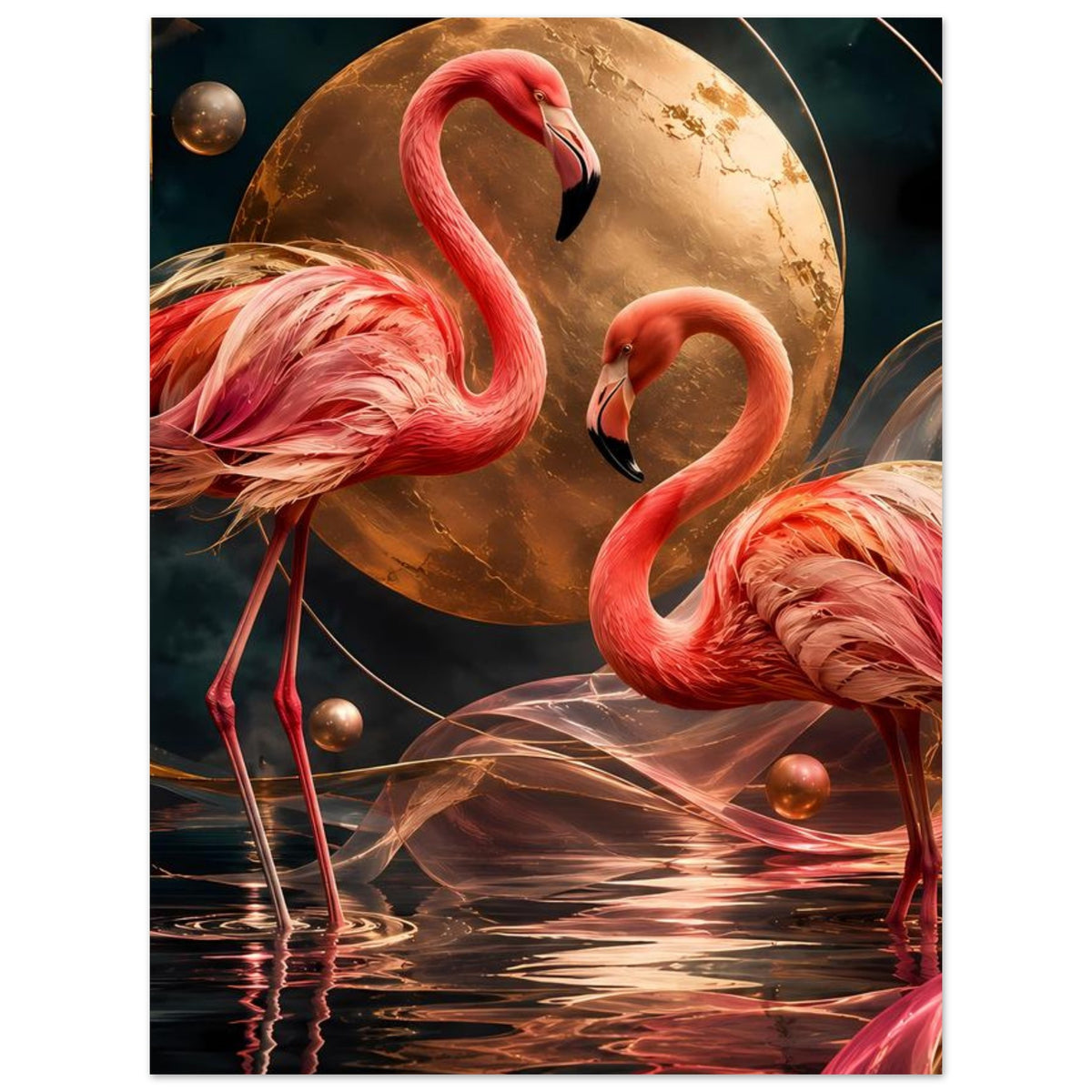 Kunstposter mit zwei rosafarbenen Flamingos vor goldener Mondkugel