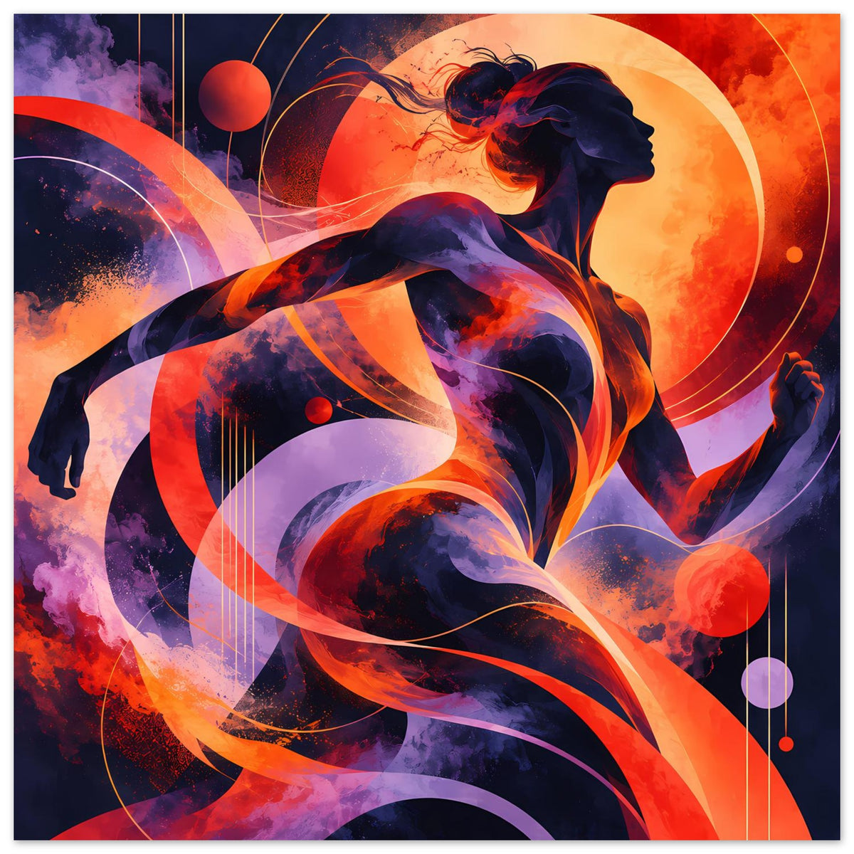 Querformat-Poster mit abstrakter Figur und dynamischen Linien, Farbmix aus Orange, Lila und Blau