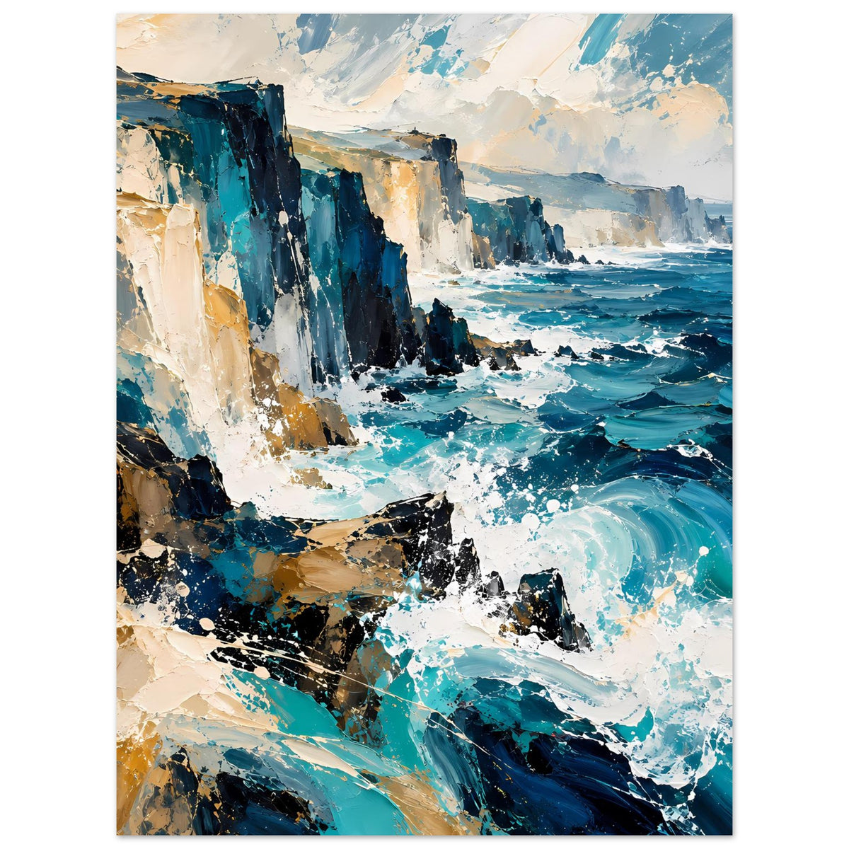 Poster im Hochformat mit Küstenwellen-Motiv: blaue Wellen, weiße Schaumkronen, Felsen, Rahmen
