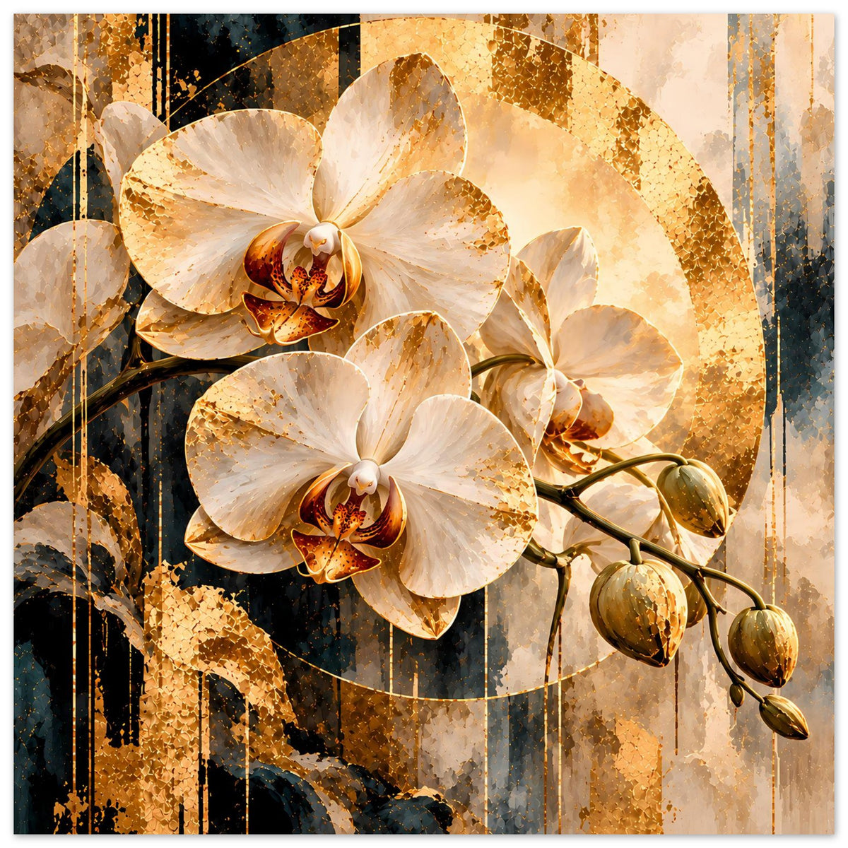Orchideen-Kunstposter mit mehreren weißen Orchideenblüten, goldener Sprenkeloptik und verästeltem Stiel