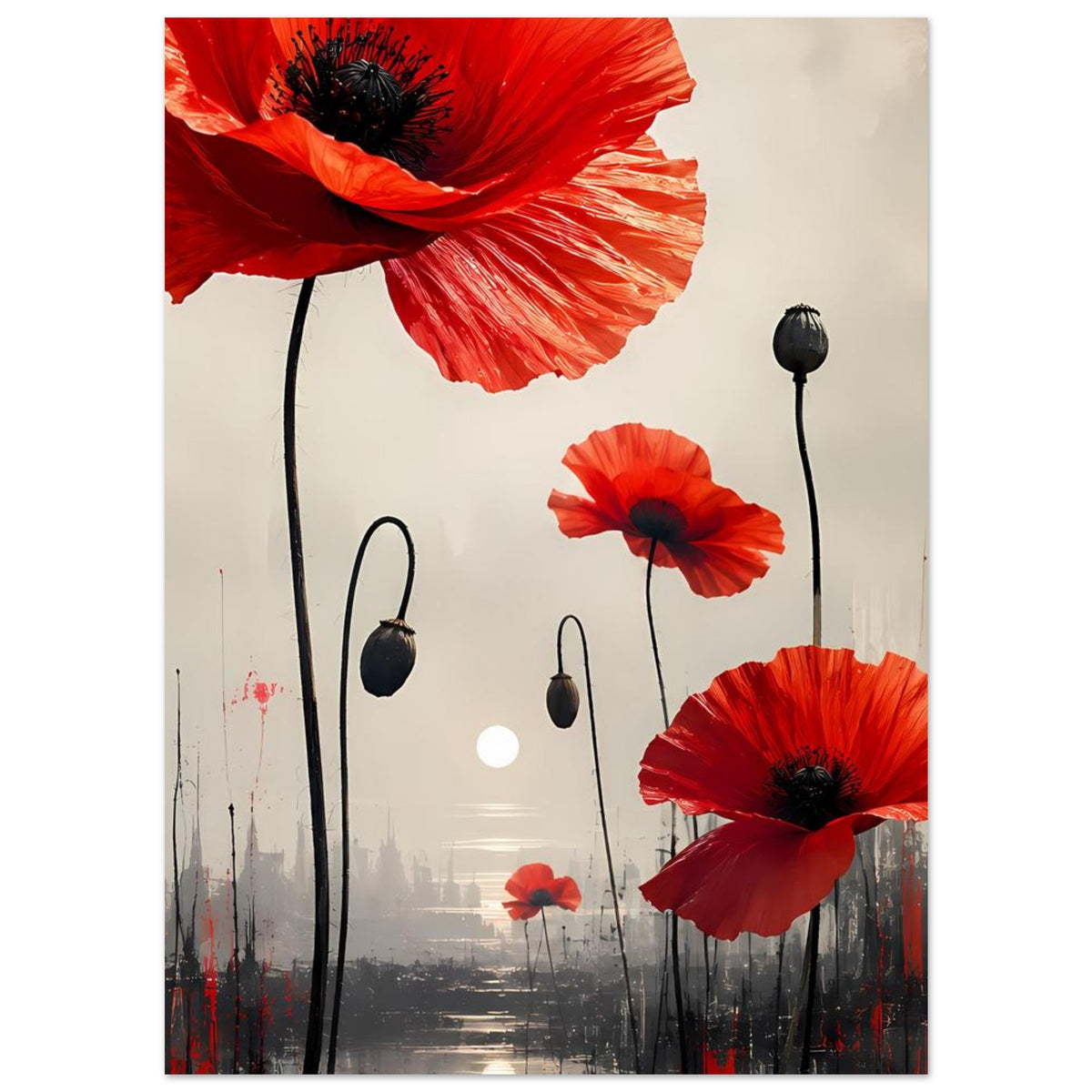 Abstraktes Blumenposter mit roten Mohnblüten und schwarzen, geschwungenen Stielen