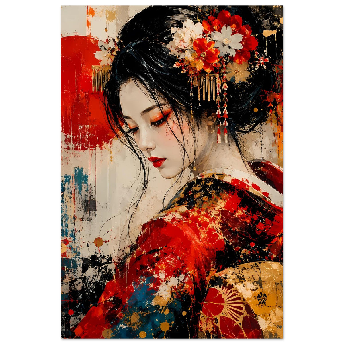 Geisha-Poster mit rotem Kimono, roten Lippen, Blumen im schwarzen Haar und Fächer