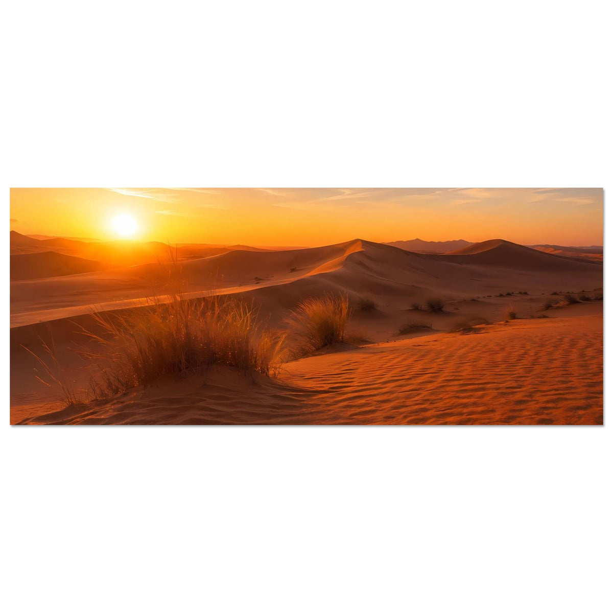 Horizontales Poster mit Sanddünen bei Sonnenuntergang, warmes Orange und Braun, gerahmt