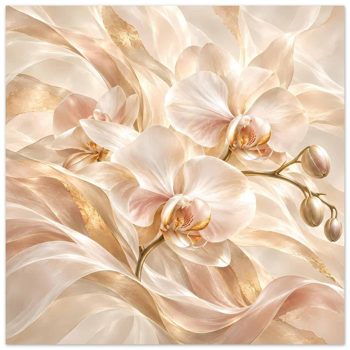 Orchideenposter im Querformat mit großen weißen Orchideenblüten und gold-creme Adern
