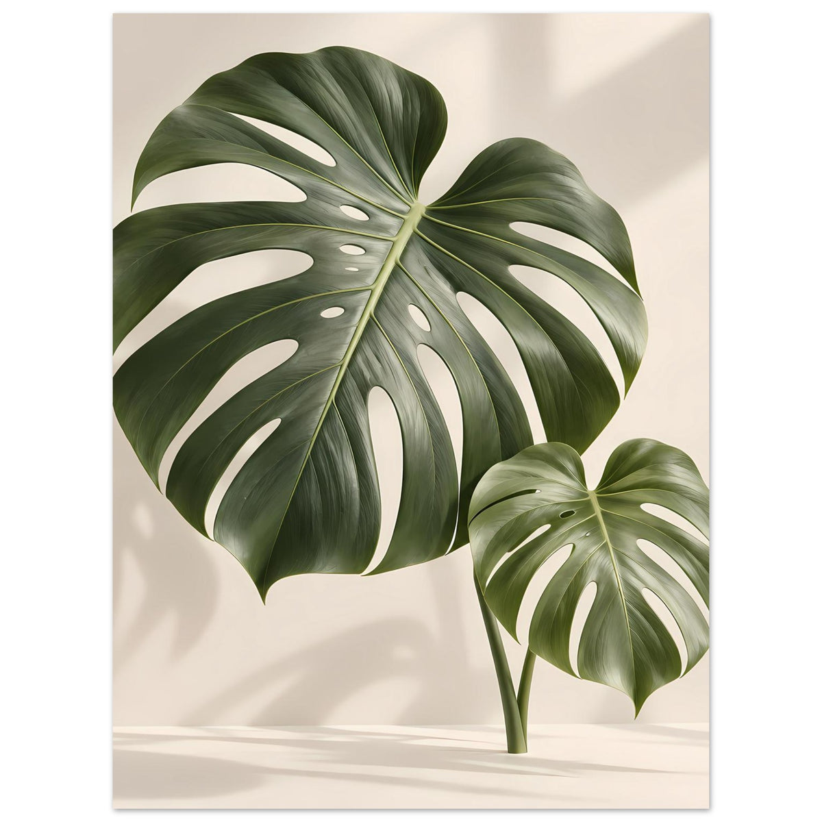 Poster mit Monstera-Blättern, großes Blatt links oben und kleines Blatt rechts unten, grün-hell gestreift