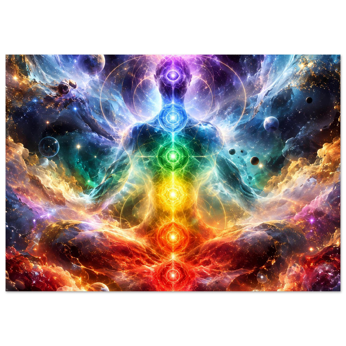 Meditationsposter im Querformat mit kosmischem Chakra-Motiv und Energieband in Violett und Blau