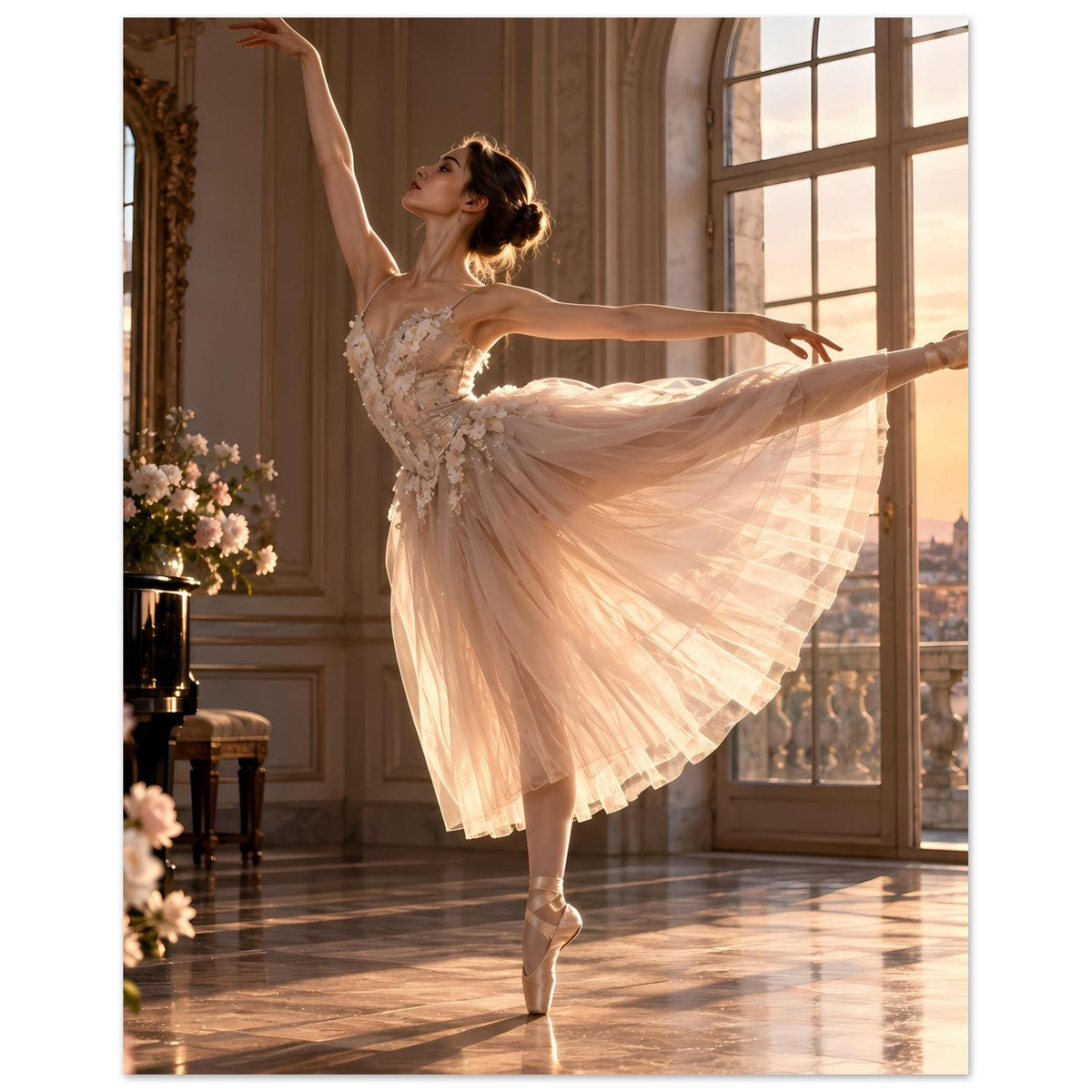 Poster mit Ballerina im weißen Tutu mit Spitze, auf der Fußspitze tanzend, Arme gestreckt