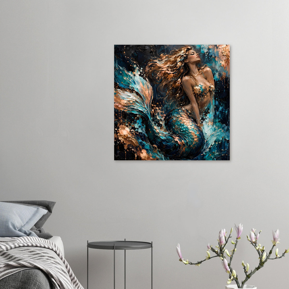Kleines Kunstposter an der Wand: Meerjungfrau in Türkis und Kupfer