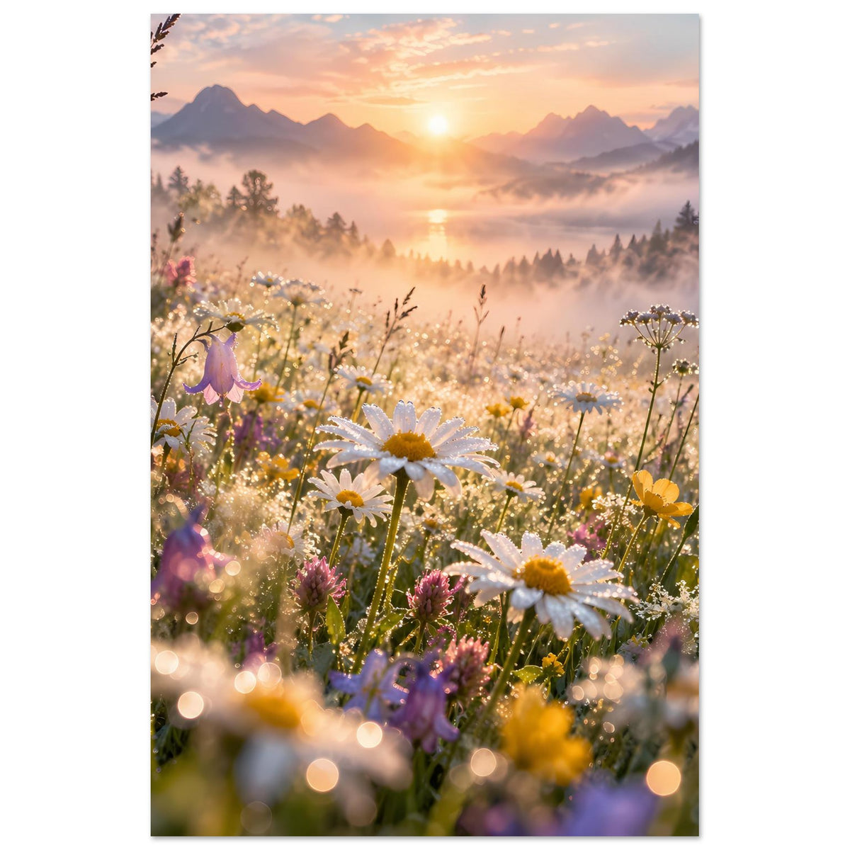 Hochkant-Wandposter mit Wiesenblumen, gelbe Margeriten und Sonne über Bergkulisse, Nebelschleier