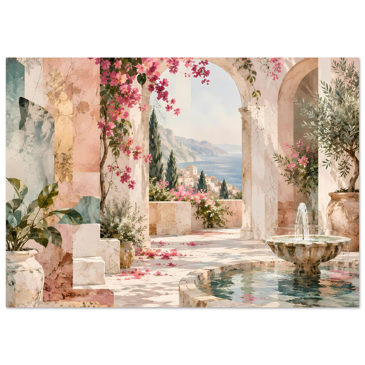 Kunstposter: mediterrane Terrasse mit Arkaden, rosa Blüten und Brunnenbecken rechts