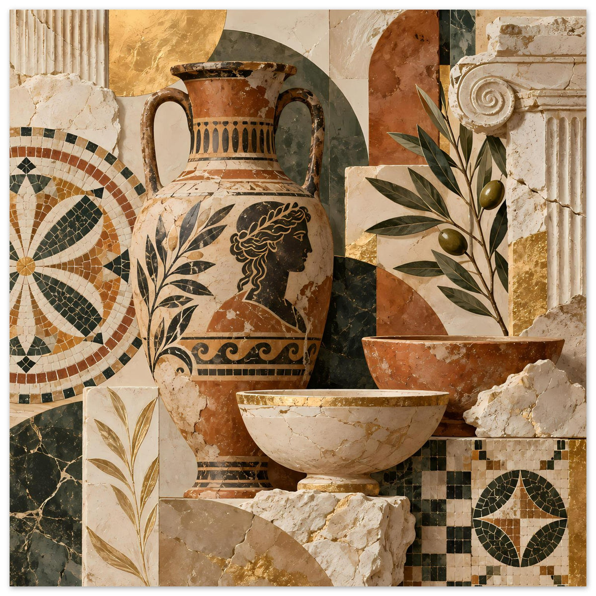 Mediterranes Mosaikposter mit Vase, Schale, Mosaikfliesen und Säulenfragmenten