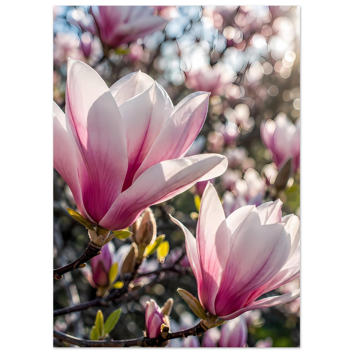 Poster mit rosafarbenen Magnolienblüten und Zweig, mehrere Blüten im Fokus