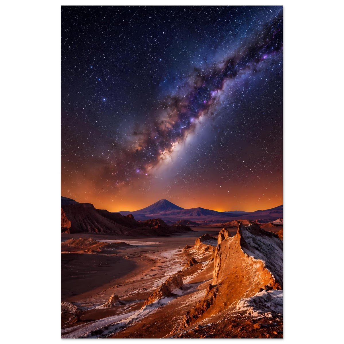 Poster mit Sternenhimmel und Milchstraße über karger Wüstenlandschaft mit Bergsilhouetten