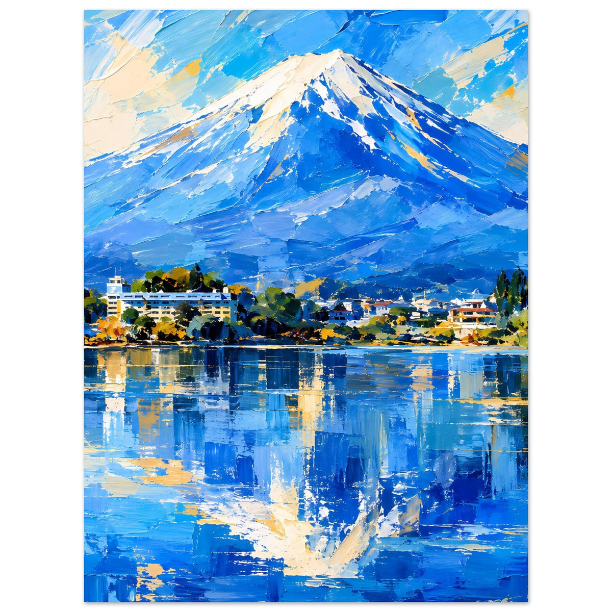 Landschaftsposter im Hochformat mit blauem Bergmassiv, Stadt am Wasser und Spiegelungen
