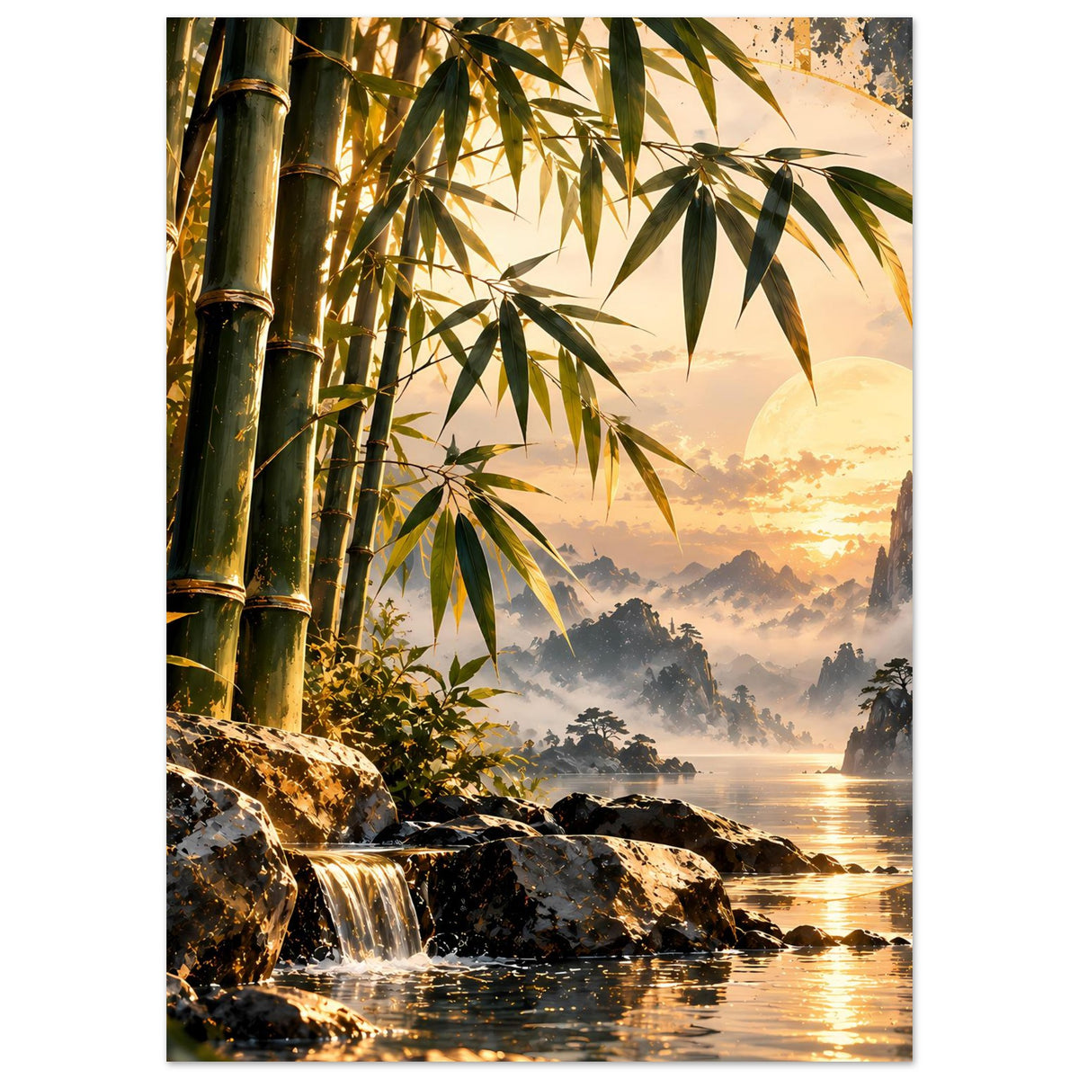 Rechteckiges Poster mit Bambus, Wasserfall und goldener Abendsonne über Nebelbergen und See.