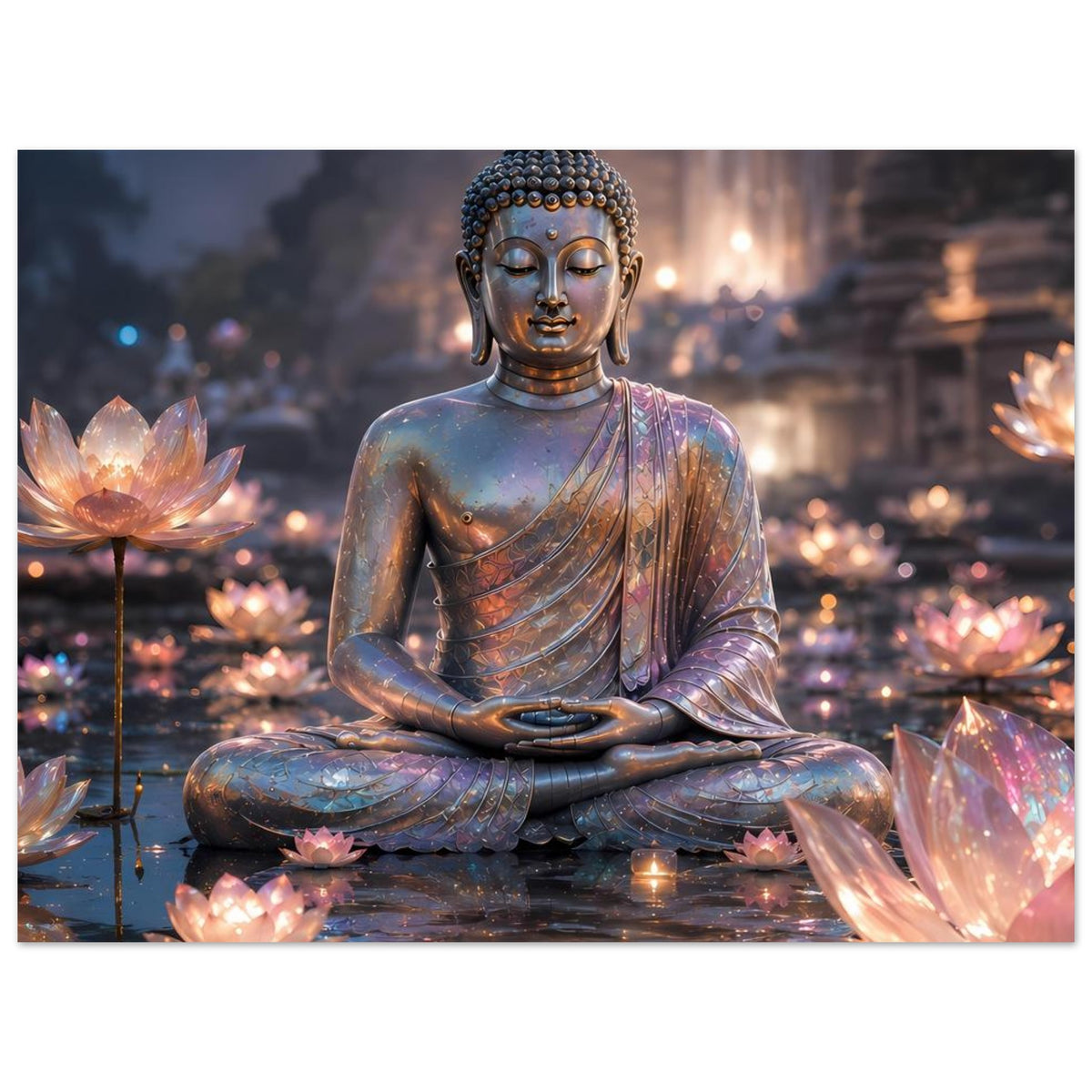 Meditationsposter mit sitzendem Buddha, blau-goldener Patina und Lotuslicht-Details