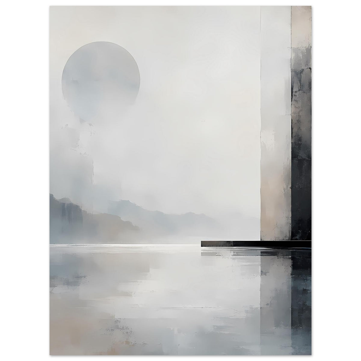 Abstraktes Landschaftsposter, monochrom, mit Bergsilhouette, großer Kreisform und ruhiger Fläche unten