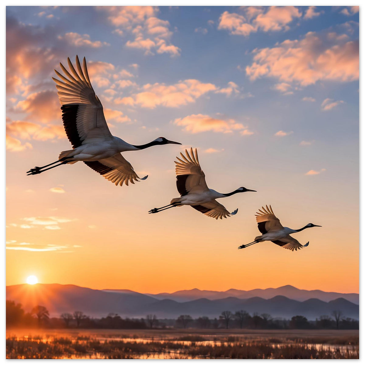 Poster mit fliegenden Kranichen vor orangefarbenem Sonnenuntergang am Himmel