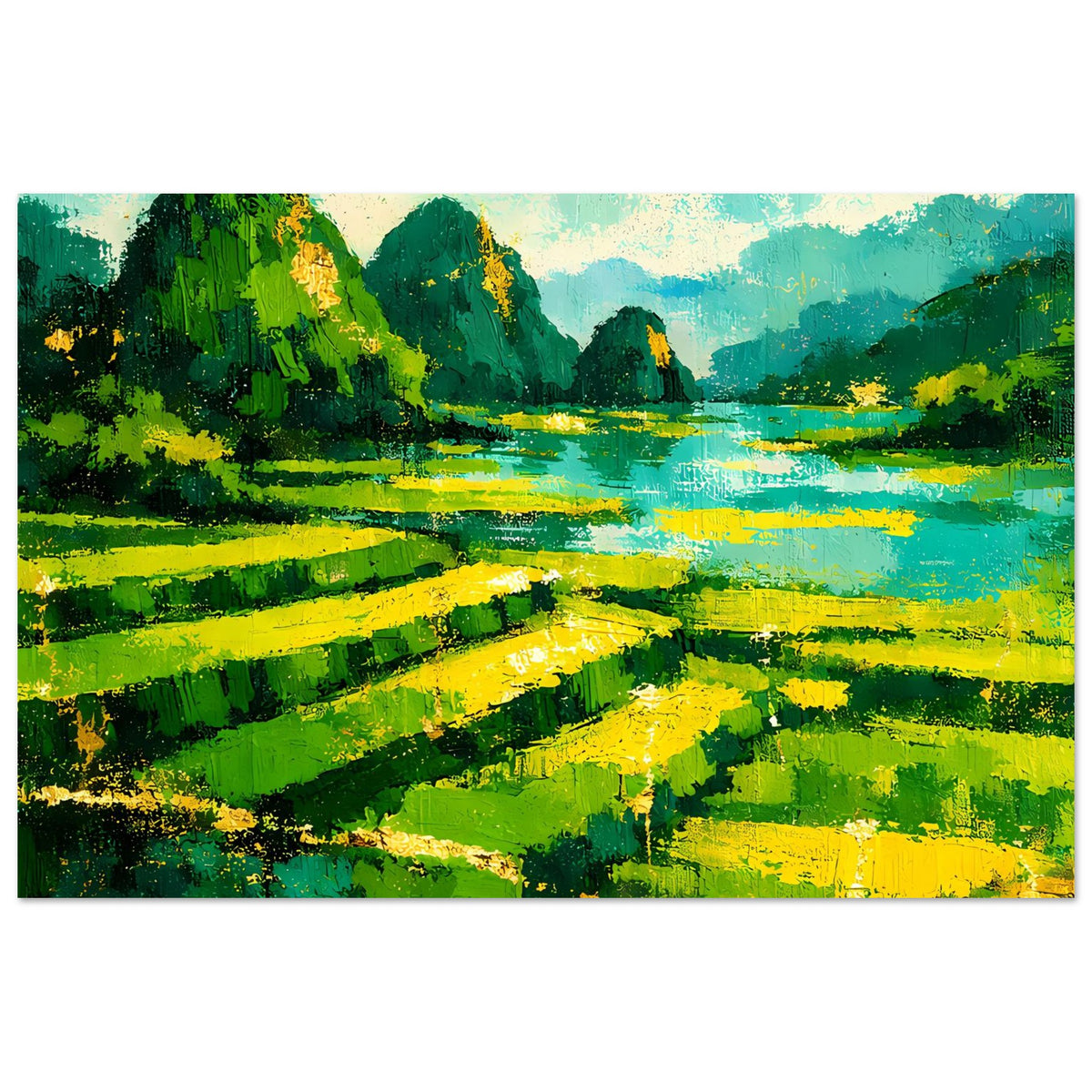 Landschaftsposter horizontal: grün-gelnes Ufer, leuchtendes Wasser und Berglandschaft.
