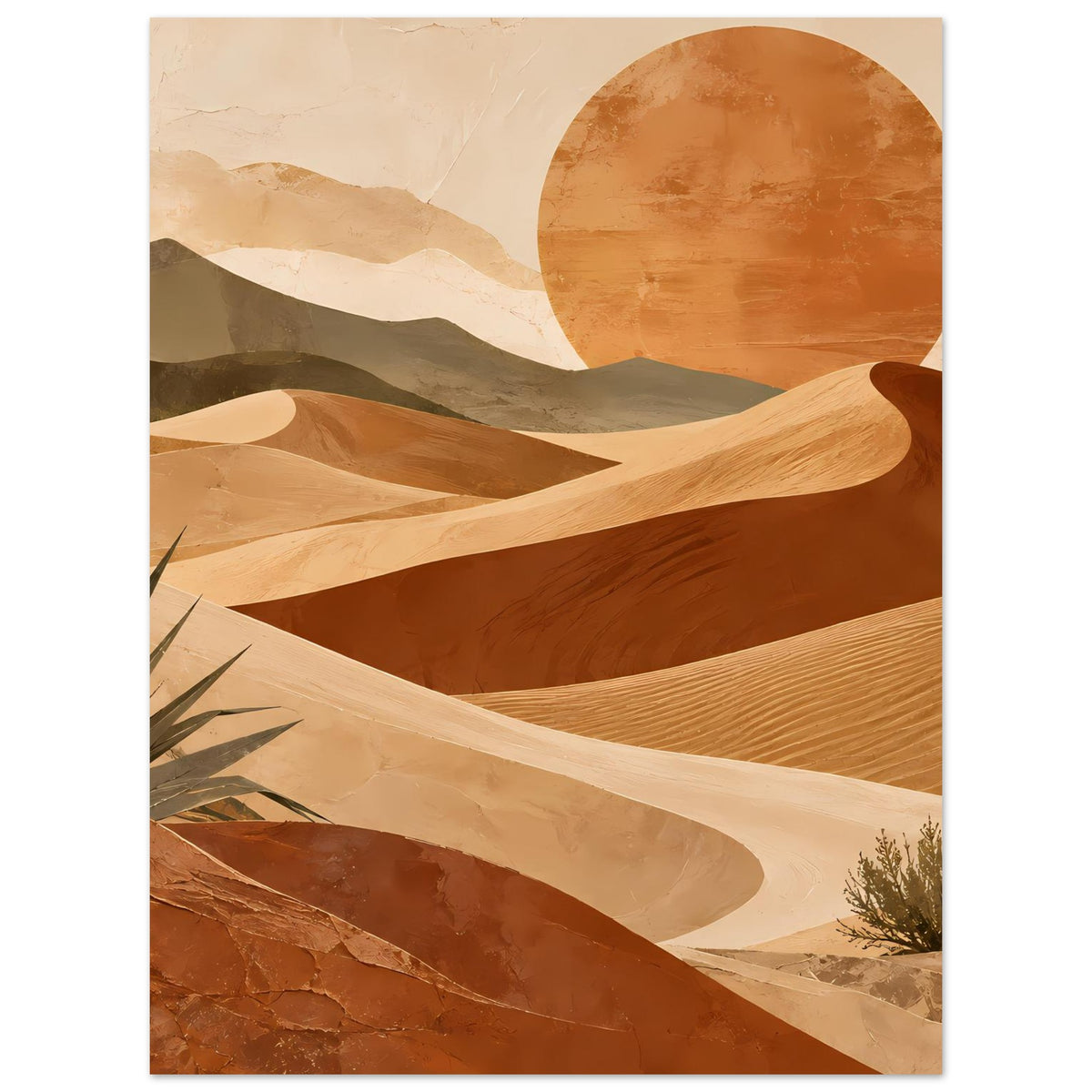 Poster im Hochformat: Wüstendünen in warmen Erdtönen, runde Sonne, Sandmulden