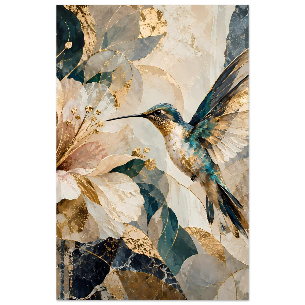 Vertikales Kunstposter mit Kolibri und Blumen, Beige-Blau-Gold Akzenten