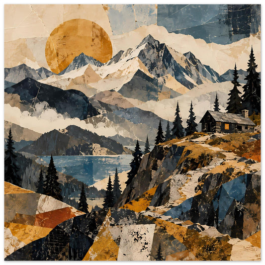 Naturposter mit Berglandschaft, stilisiertem Sonnenkreis, See, Tannen und Hütte