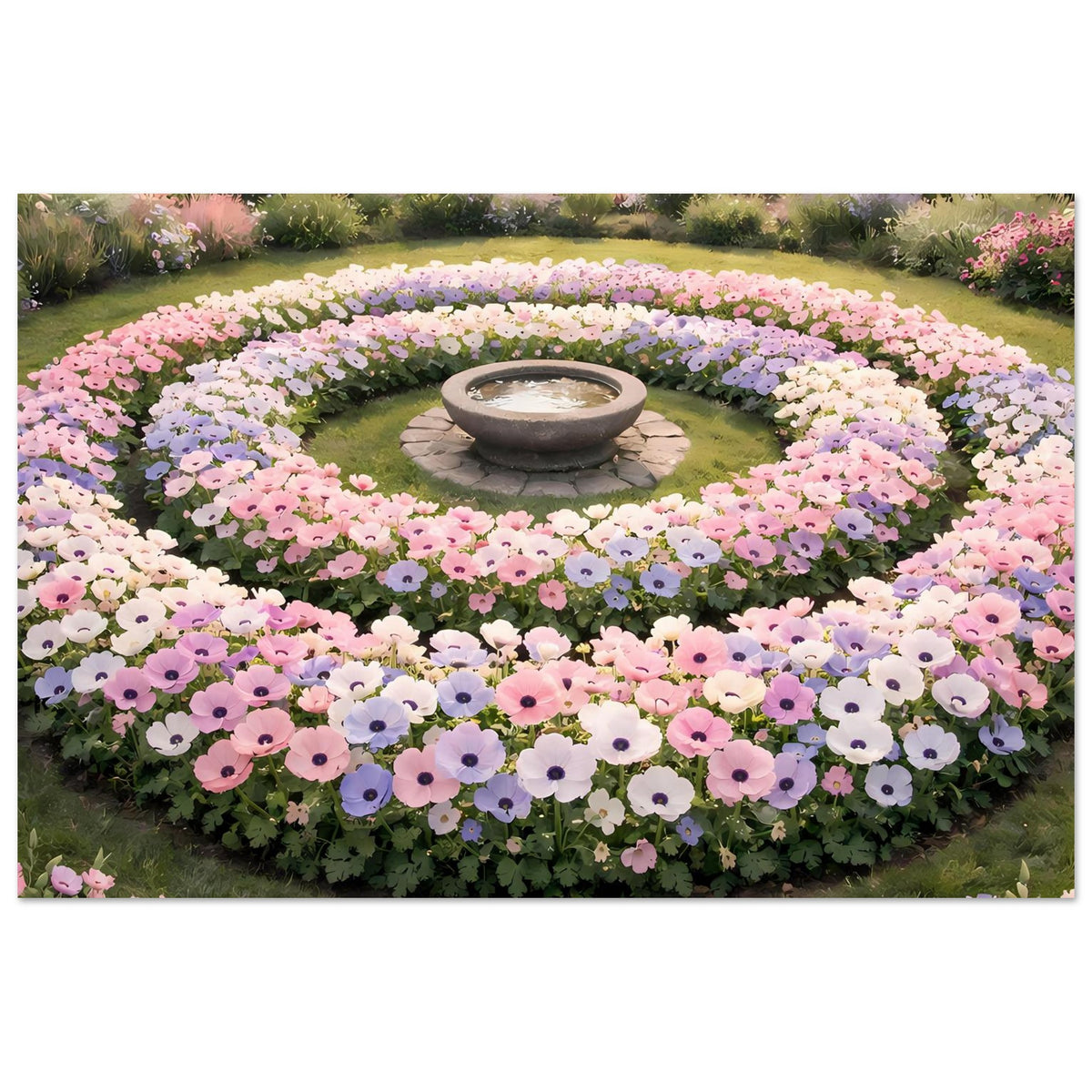 Blumenbeet-Poster: Blumenringe in Pastellfarben um eine mittige Stein-Schale