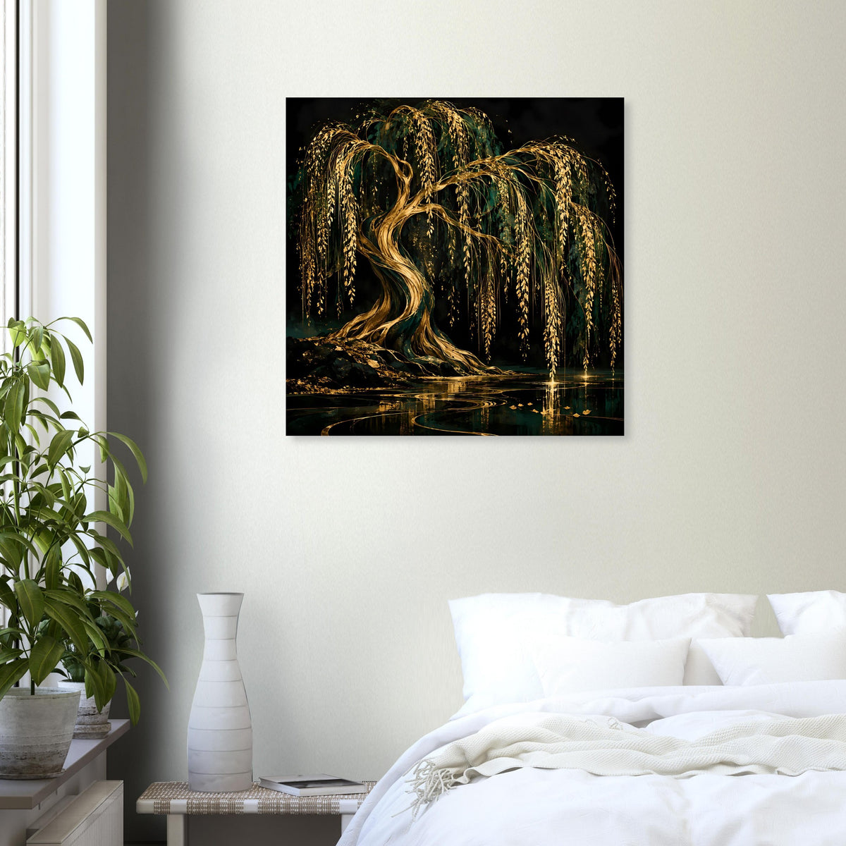 Wandposter: goldene Weide über dunklem Wasser, glänzende Reflexion