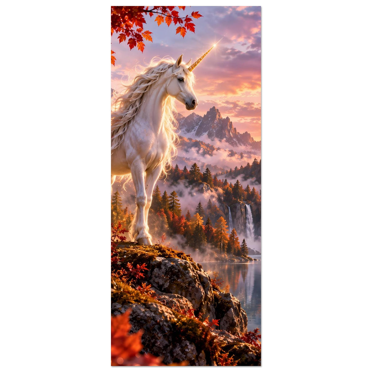 Hochkant-Fantasieposter mit weißem Einhorn, Herbstlaub, Schloss und Berglandschaft