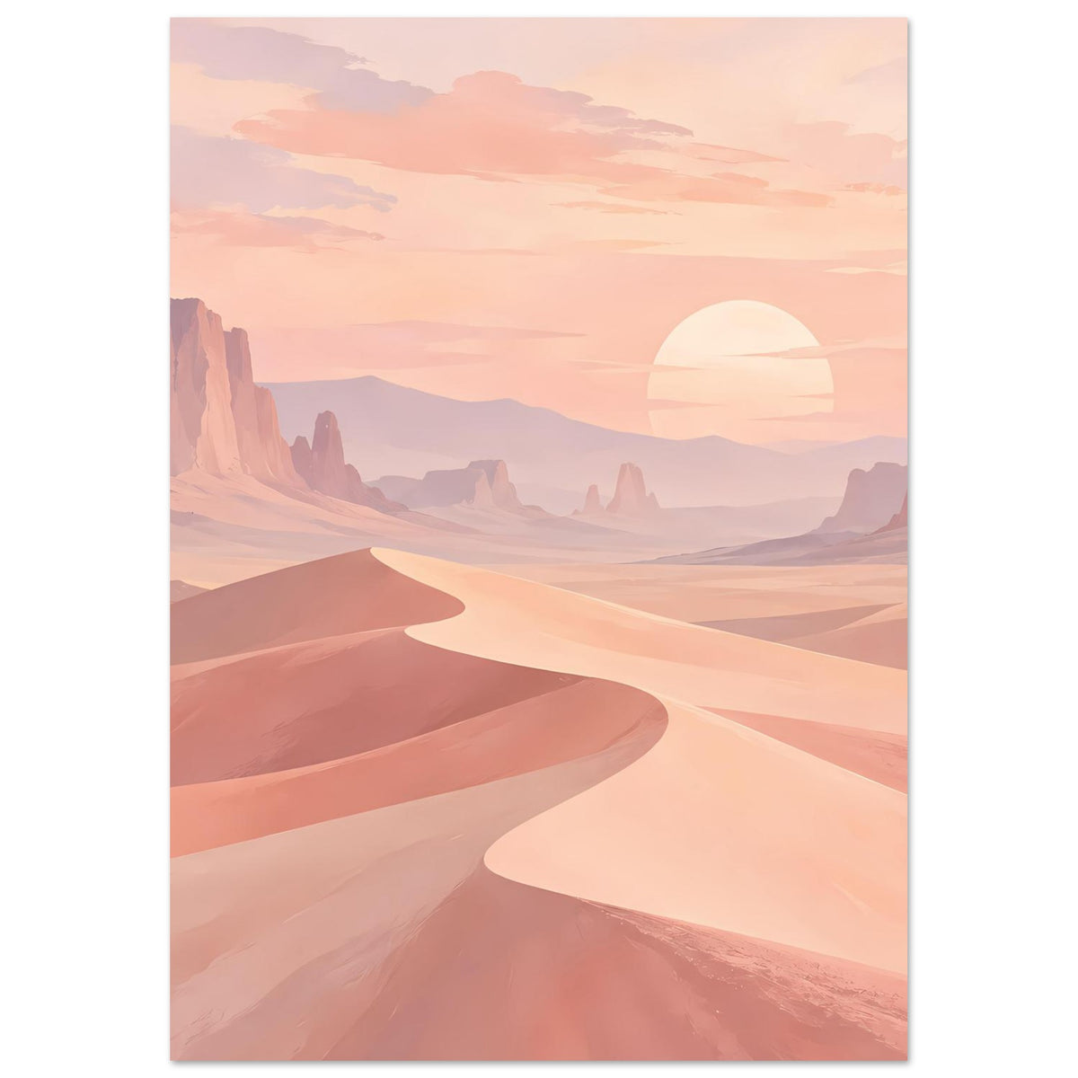 Wandposter mit geschwungenen Sanddünen, Bergsilhouetten und aufgehender Sonne im Pastell