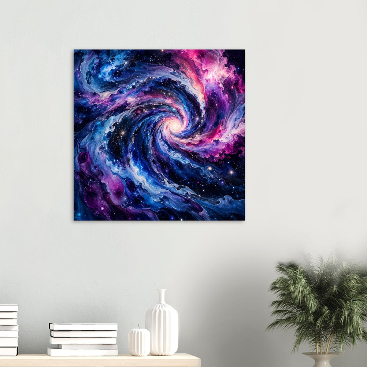 Galaktisches Swirl-Poster: quadratisches Bild mit blau-violettem Spiralnebel, schwarzer Rahmen
