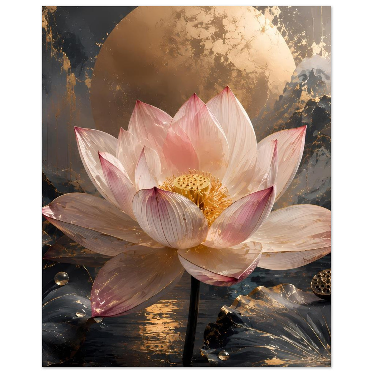 Poster mit rosa Lotusblüte, goldener Mondsichel und dunklen Blättern mit hellen Lichtreflexen