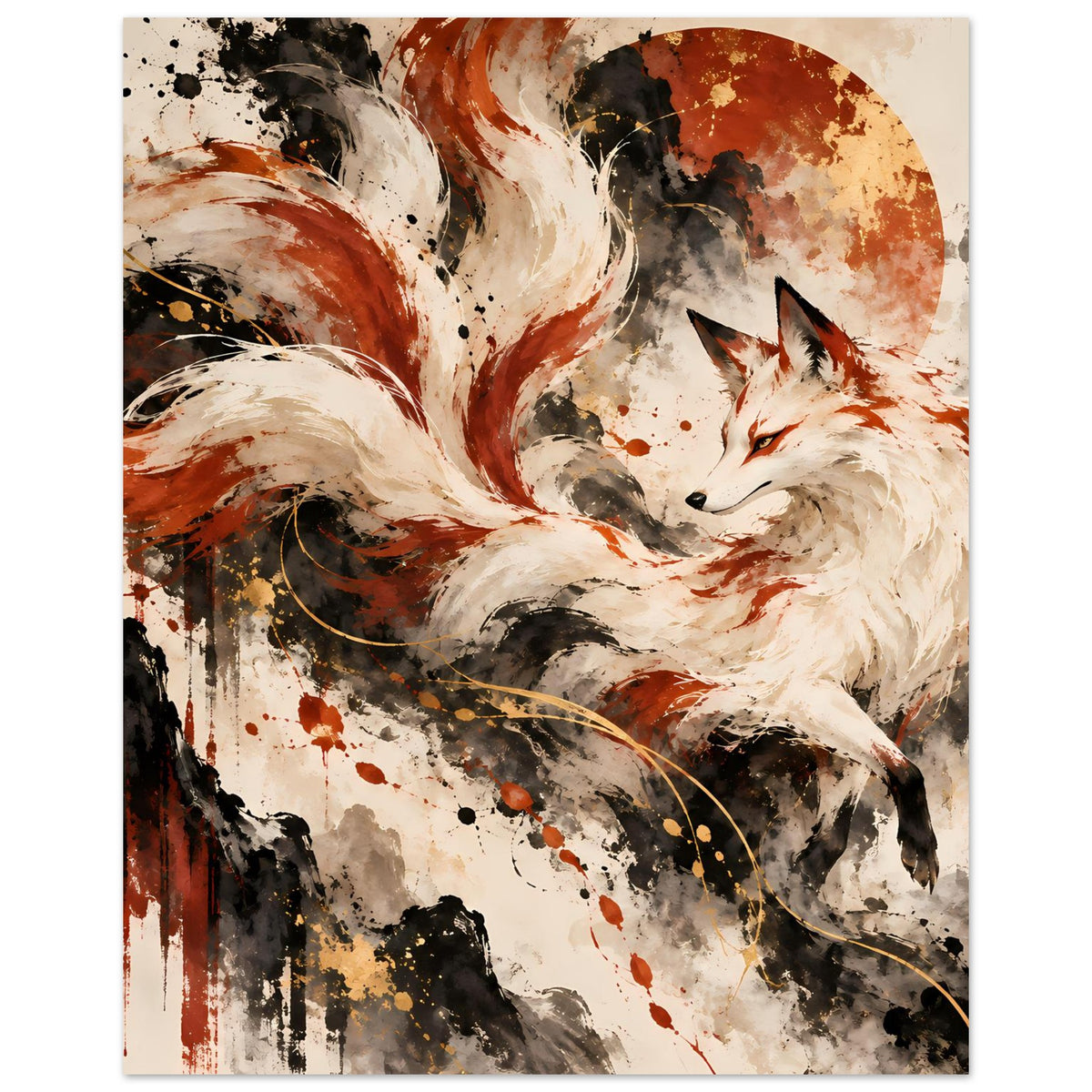Fantasy-Poster mit Fuchs im Hochformat, Cremefell und orange-braune Akzente, Sprenkel