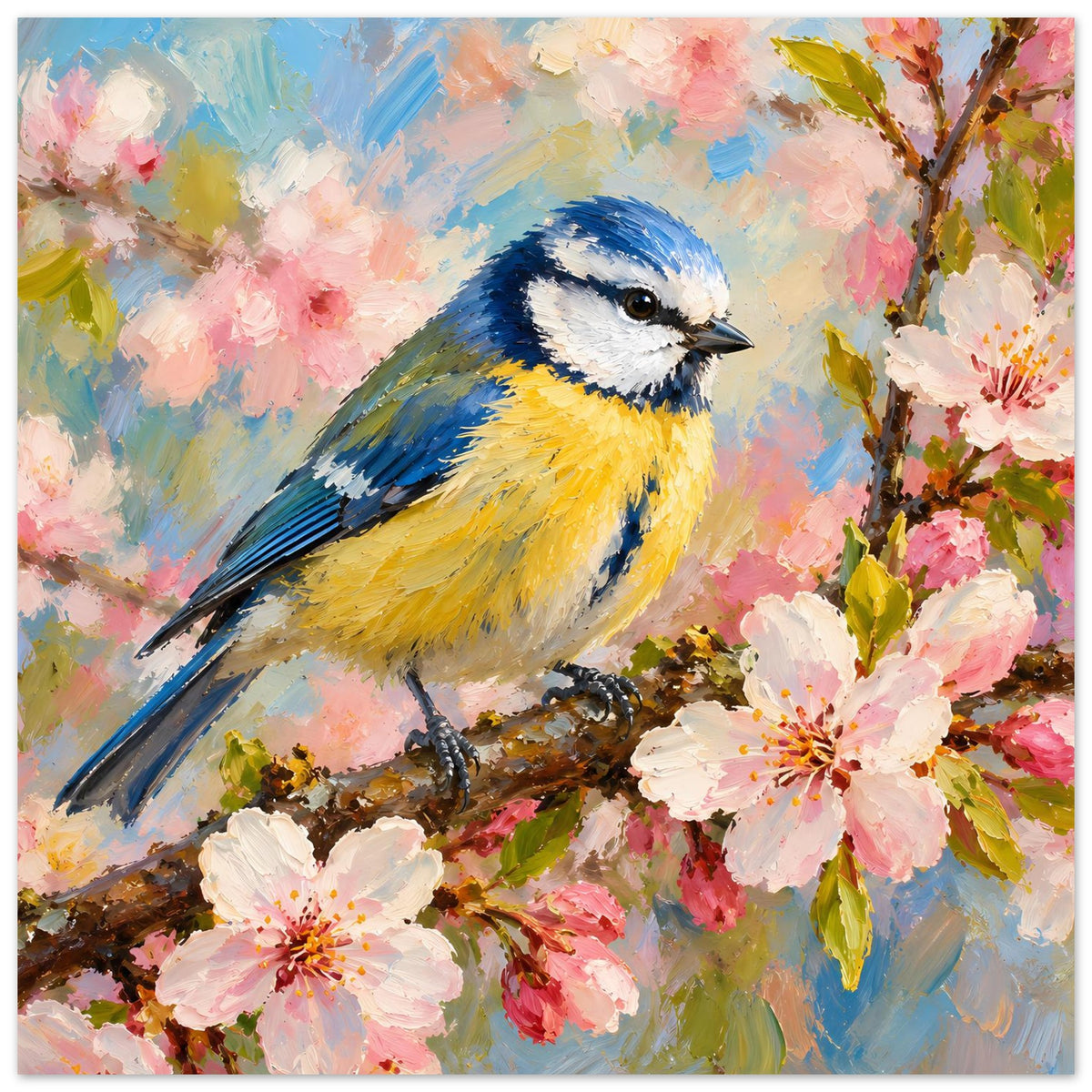 Poster: Blau-gelber Vogel auf Ast mit rosafarbenen Blüten und Blättern
