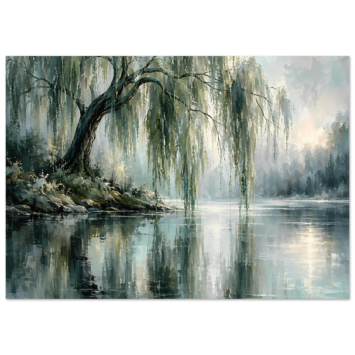 Poster mit reflektierenden Weiden am ruhigen See, abstraktes Motiv in Grün-Blau