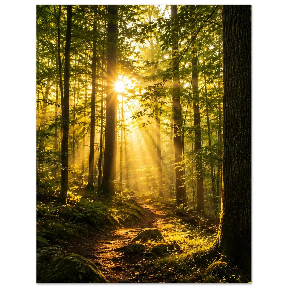 Kunstdruck-Poster Sonnenaufgang im Wald: Lichtstrahlen über Farnen und Moos, hoher Baum rechts.