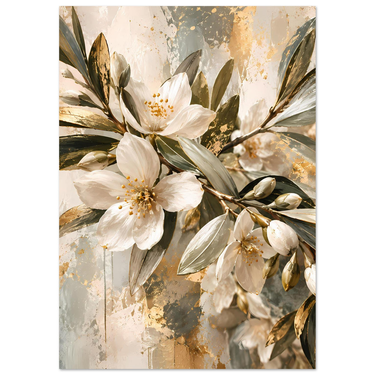 Blumenposter mit weißen Blüten und goldenen Akzenten, grüne Blätter, florales Wandbild im Hochformat