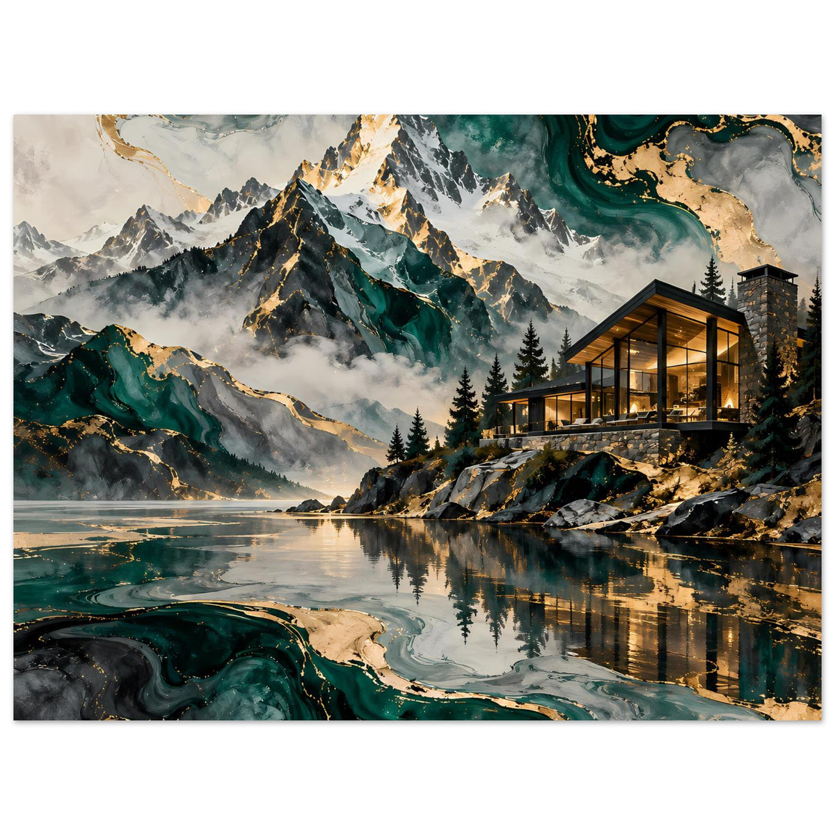 Querformat-Poster: Bergtal mit türkisgrünem Wasser, goldene Akzente und Glaspavillon.