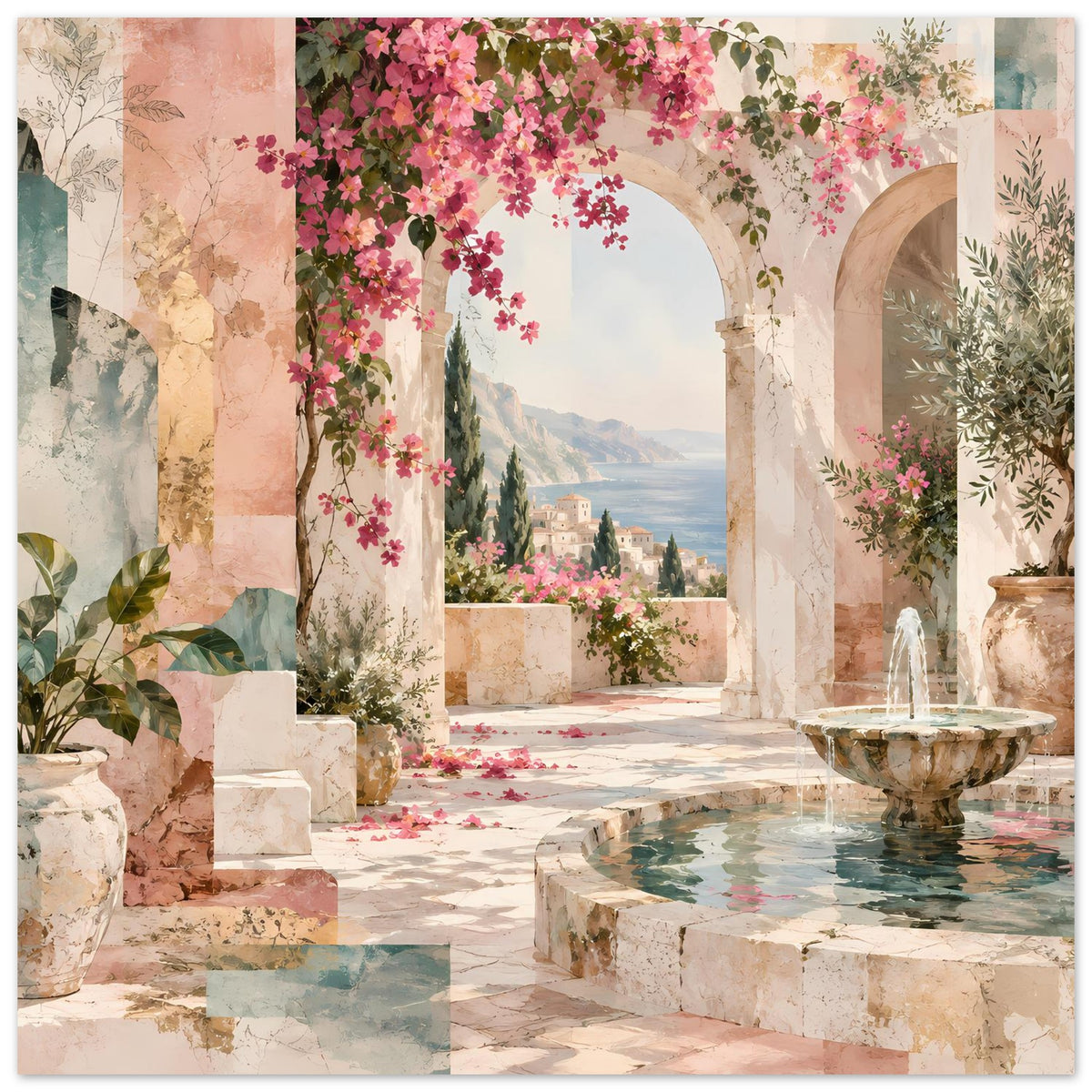 Kunstposter mit mediterraner Durchsicht: Steinarkaden, Brunnen und üppige pinke Blüten