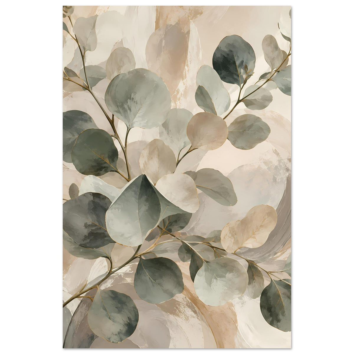 Botanisches Aquarellposter (Hochformat) mit Blättern in Salbeigrün und Beige