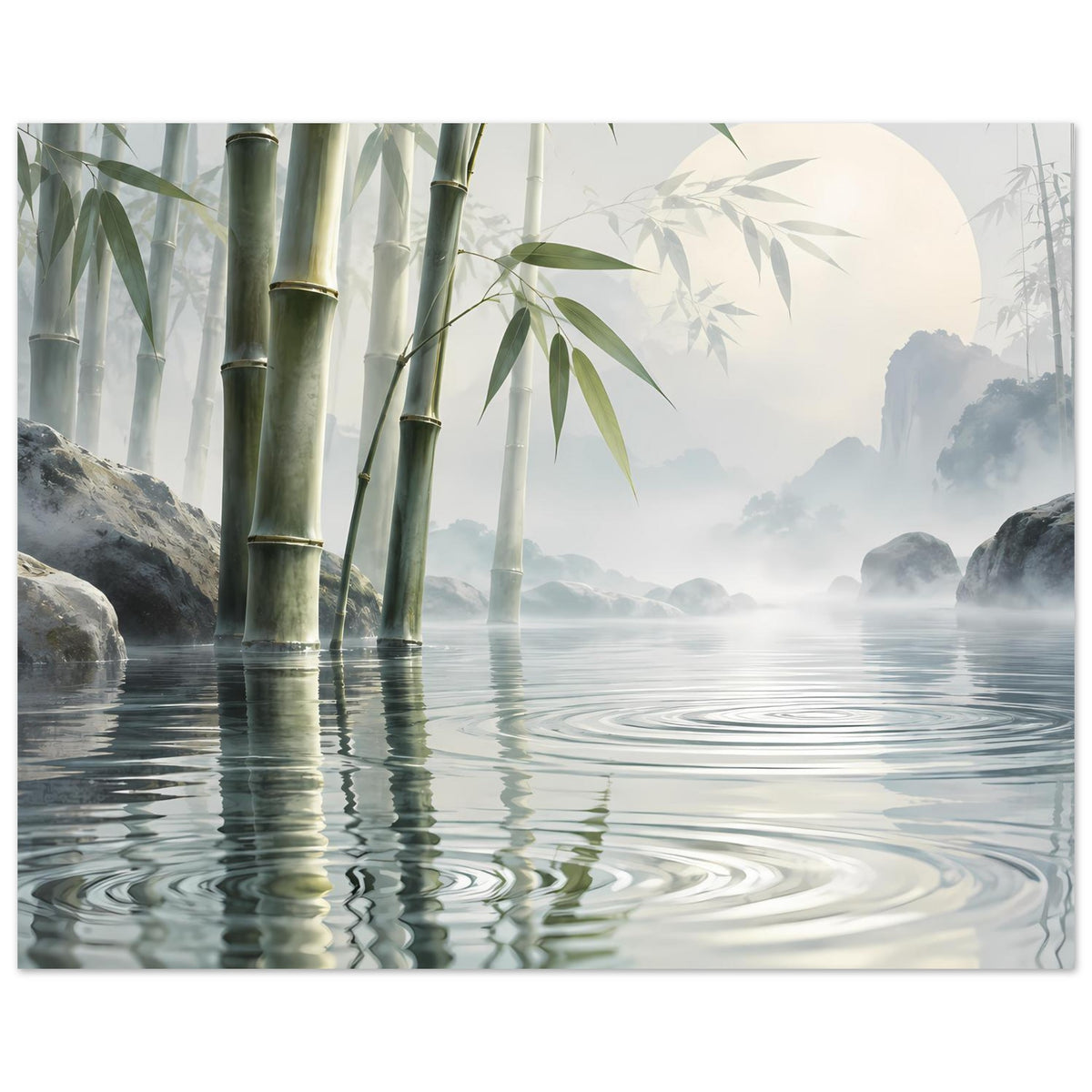 Poster mit Bambus, Felsen am Ufer und Seeoberfläche mit weichen Reflexwellen