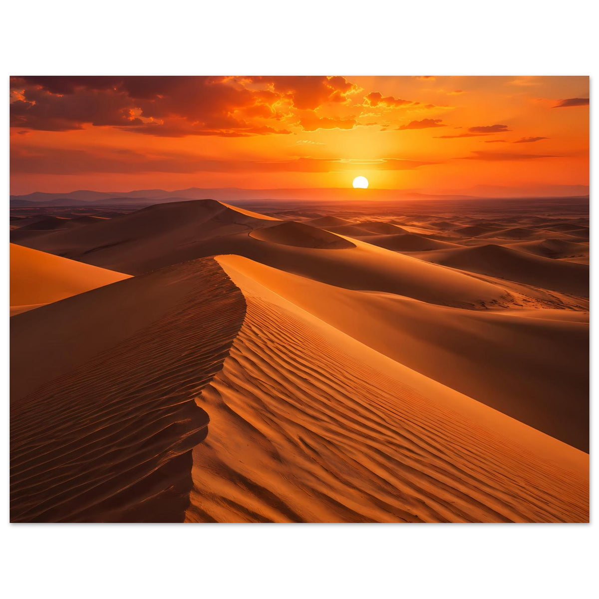 Poster mit Dünenkamm und Sonnenuntergang, orangegelbe Sonne über den Dünen, mit Rahmen