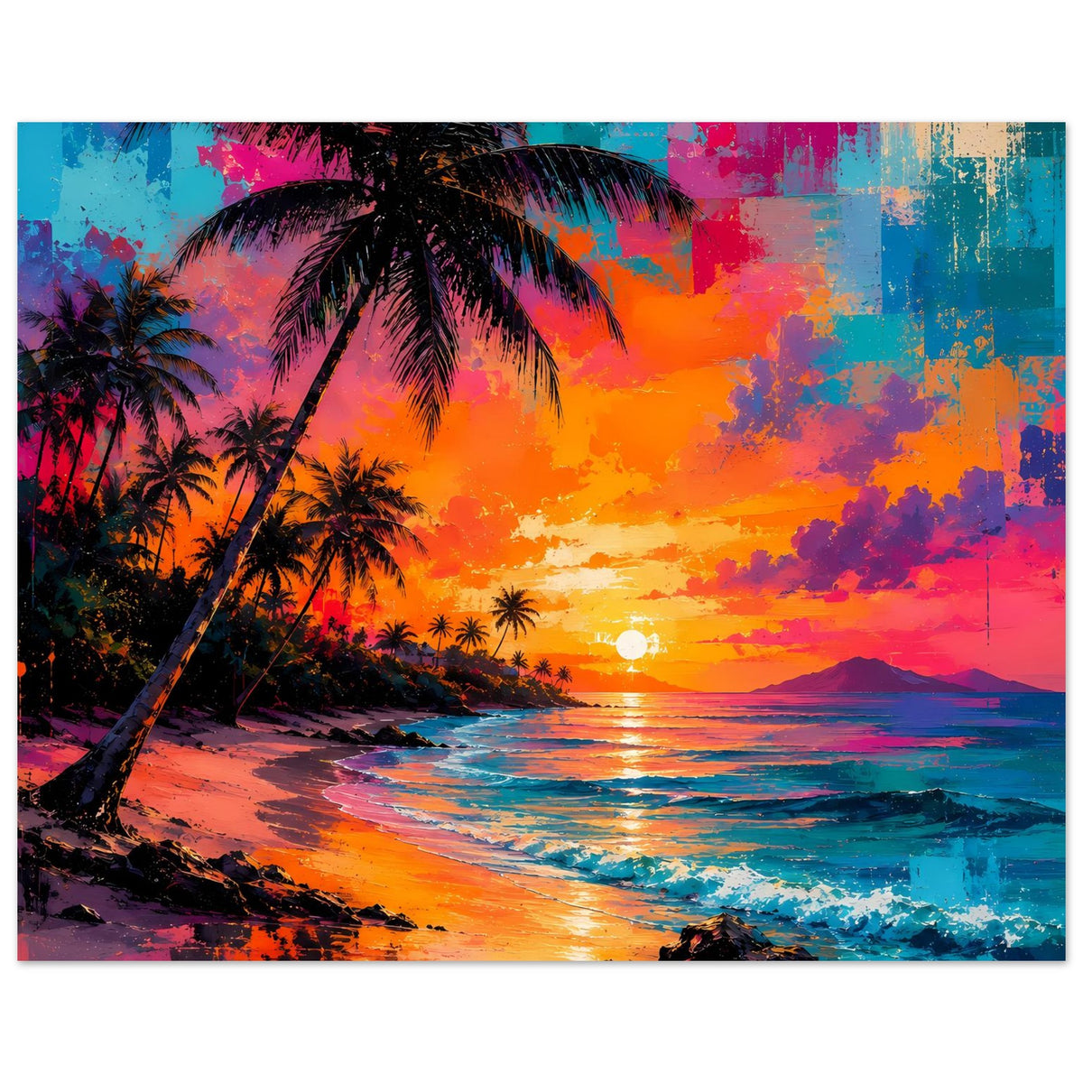 Abstraktes Poster mit Palmen links, glitzernden Wellen und orange-rosa Neonhimmel