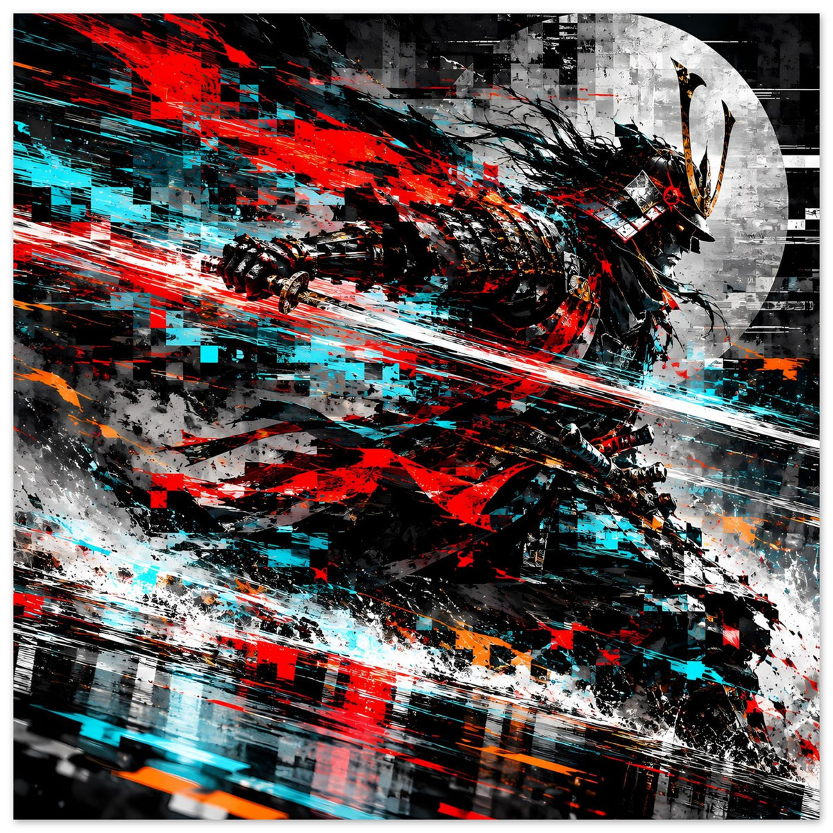 Actionposter im Querformat, Samurai-Motiv mit rotem Muster und cyanfarbenem Rastereffekt
