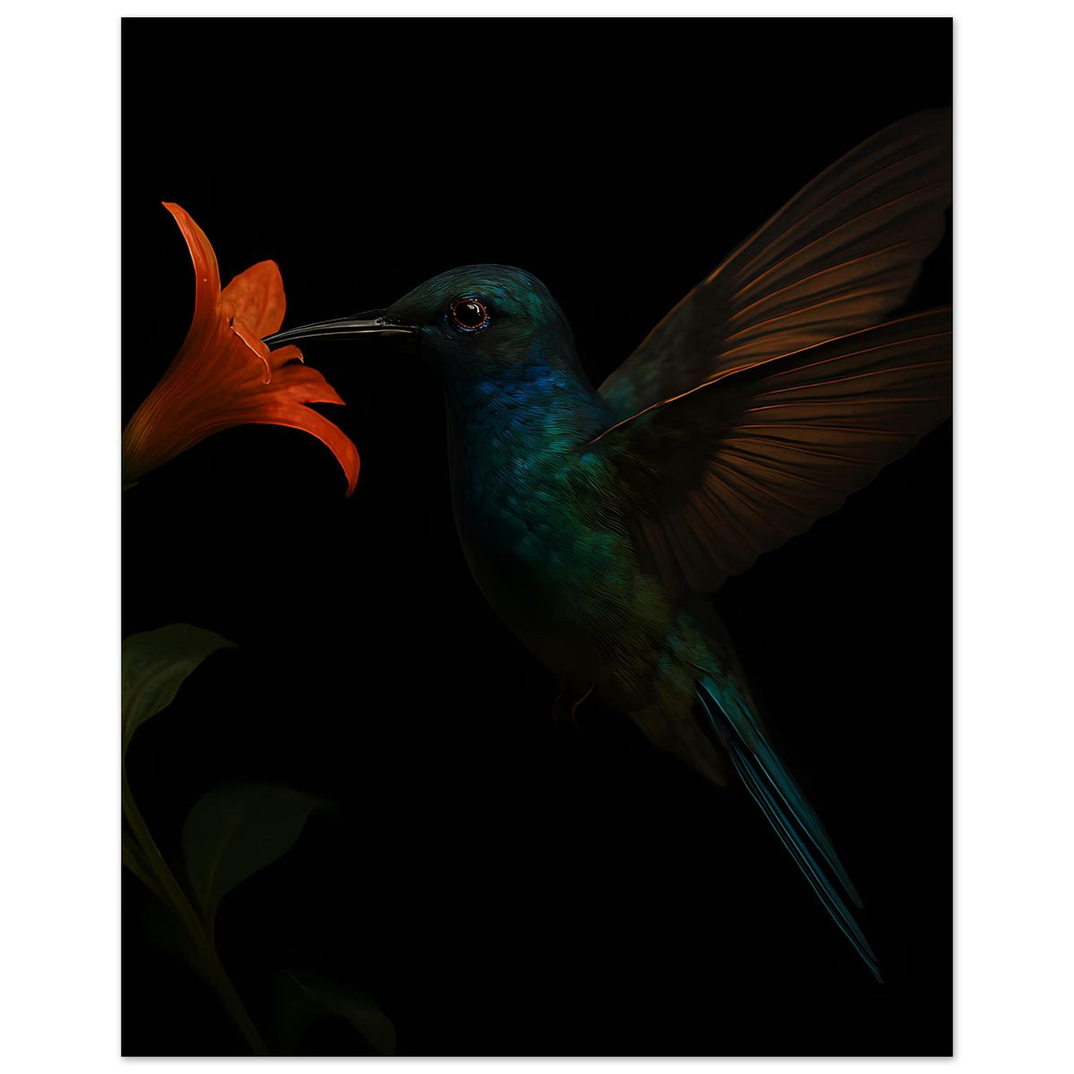 Poster im Hochformat mit Kolibri-Motiv: türkiser Vogel, orangefarbene Lilie, dunkler Hintergrund