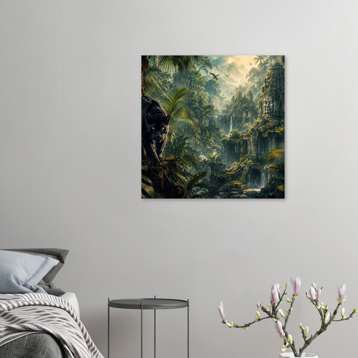 Kleines Poster auf Wand: Dschungelruinen mit schwarzem Panther und Wasserfall