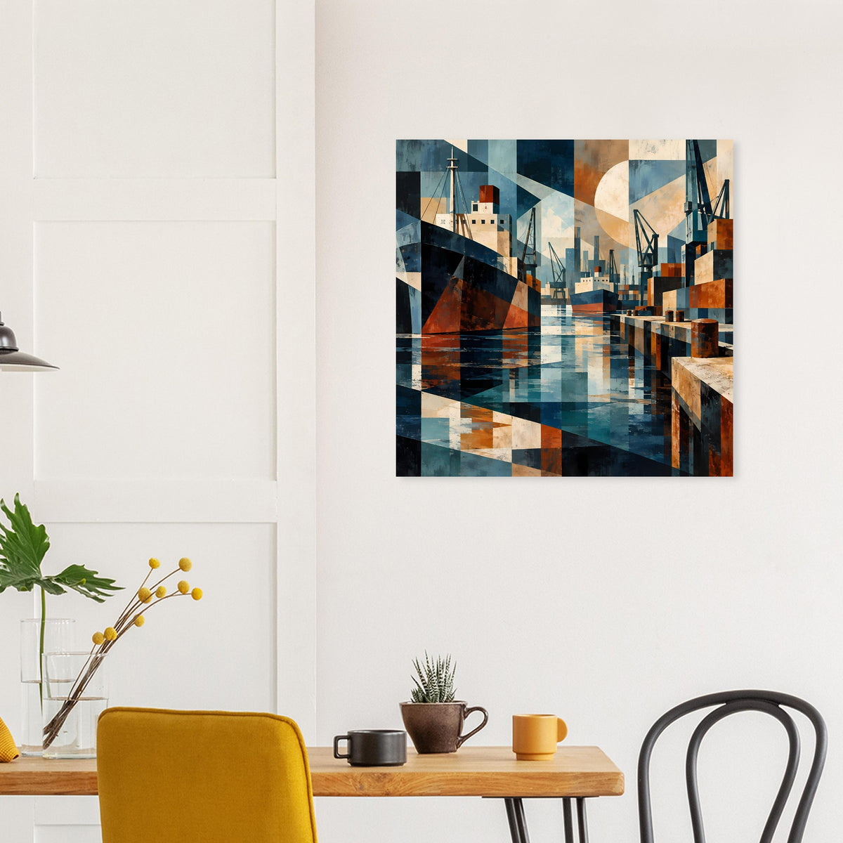 Poster mit geometrischer Hafenszene in Blau- und Erdtönen, abstrakte Boote und Ufer