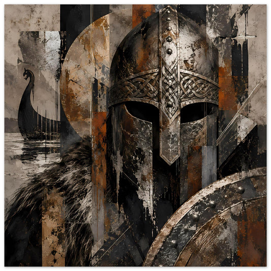 Wikinger-Krieger-Kunstposter mit Helm und Schild, abstraktes Patchwork in Schwarz, Beige und Braun